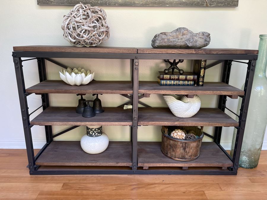 JUST ADDED - Restoration Hardware Wood And Metal Bookshelf 60W X 14D X 36H