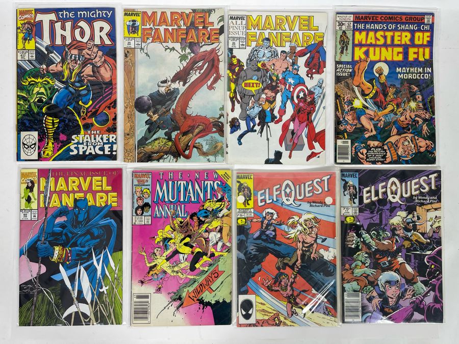 Eight Vintage Marvel Comic Books: Thor, Marvel Fanfare, Master Of Kung Fu, The New Mutants, Elf Quest [Photo 1]