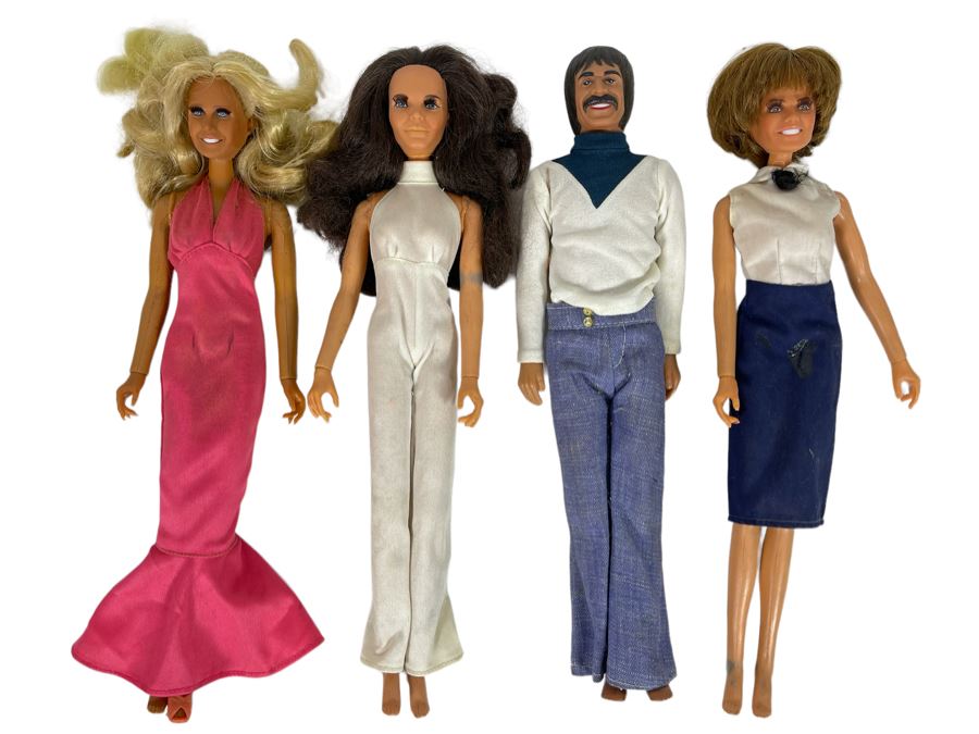 Four Vintage Seventies MEGO Action Figures Dolls Including Suzanne Somers Chrissy Three’s Company And Sonny Bono From Sonny And Cher