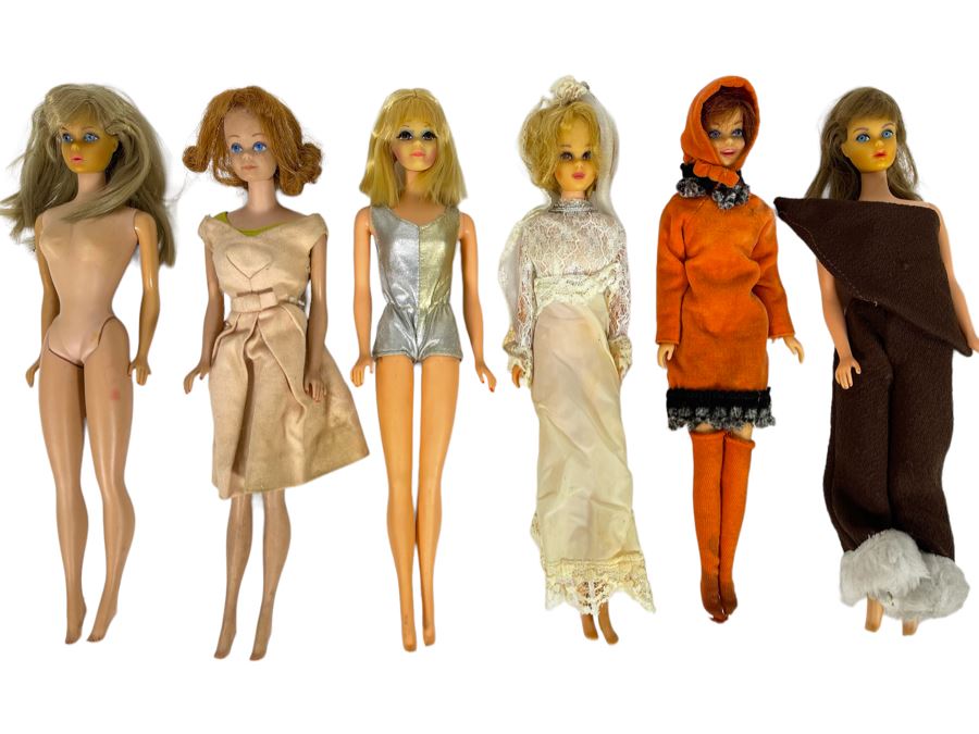 Collection Of Six Early Mattel Barbie Dolls: Marked (4) C 1966 Mattel Inc US Patented US Pat Pend Made In Japan And (2) Midge C 1962 Barbie C 1958 By Mattel Inc Patented