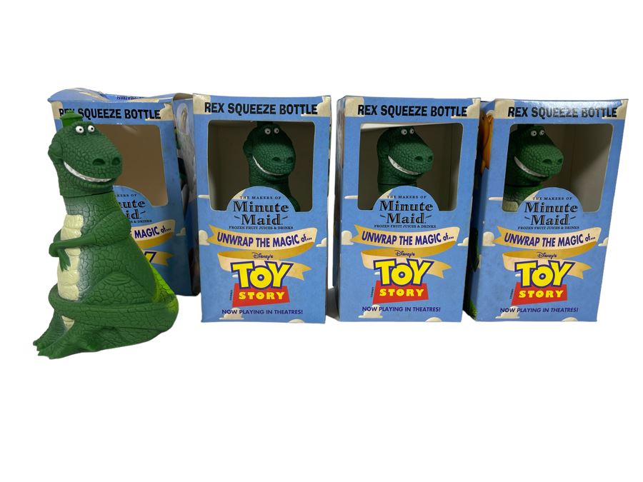 JUST ADDED - Set Of Four Vintage REX Squeeze Bottles Promoting Disney’s Original Toy Story Movie Joint Minute Maid Promotion With Original Boxes
