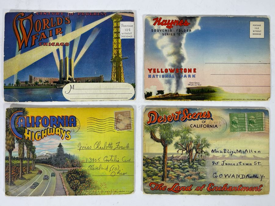 JUST ADDED - Four Vintage Souvenir Accordion Double-Sided Foldout Postcards: Chicago World’s Fair, Yellowstone National Park, California Desert Scenes And California Highways