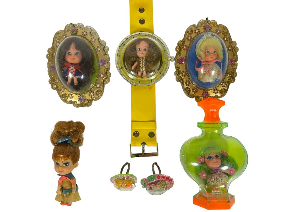 Collection Of Vintage 1960s Mattel Liddle Kiddles Dolls Toys And MEGO Watch - See Photos (One Of Lockets Has Broken Clasp)