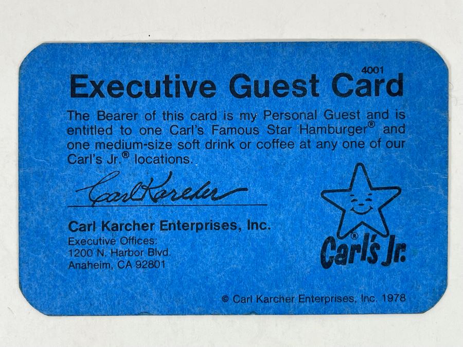 Vintage 1978 Carl's Jr Executive Guest Card Carl Karcher Enterprises
