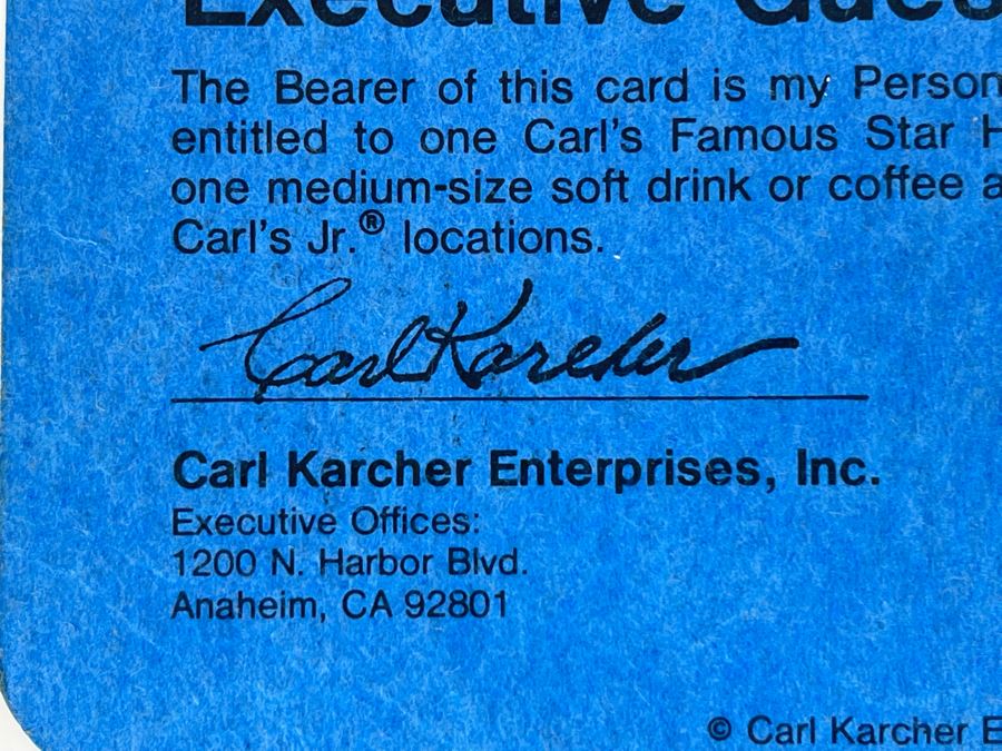 Vintage 1978 Carl's Jr Executive Guest Card Carl Karcher Enterprises [Photo 3]
