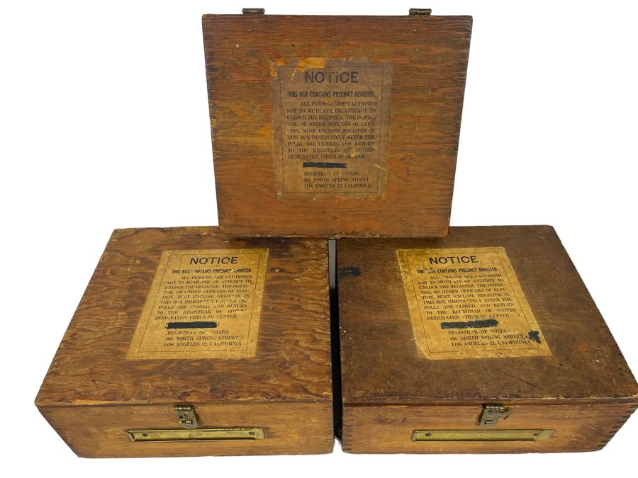 Three Wooden Los Angeles Registrar Of Voters Voting Ballot Boxes 13W X 11.5D X 5.5H