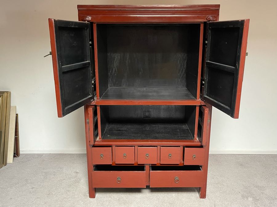 Contemporary Chinese Red Wooden Cabinet With Pocket Doors 45W X 25D X 71H [Photo 7]