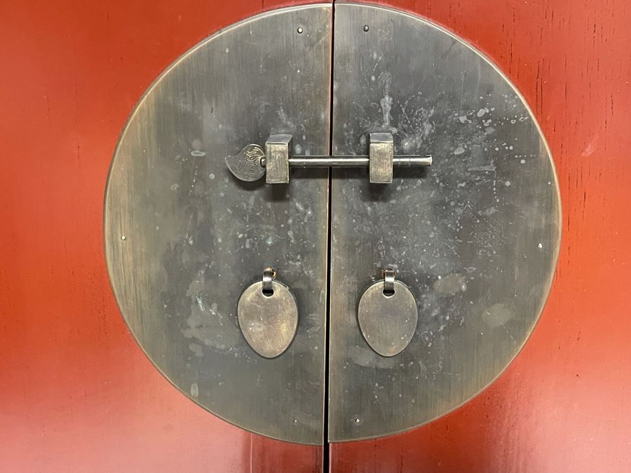 Contemporary Chinese Red Wooden Cabinet With Pocket Doors 45W X 25D X 71H [Photo 4]