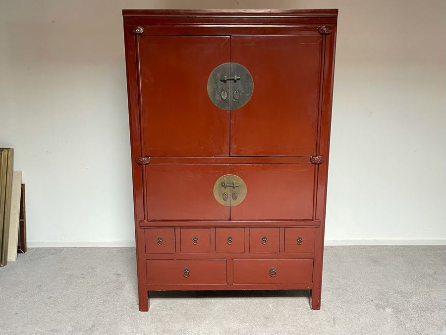 Contemporary Chinese Red Wooden Cabinet With Pocket Doors 45W X 25D X 71H [Photo 2]
