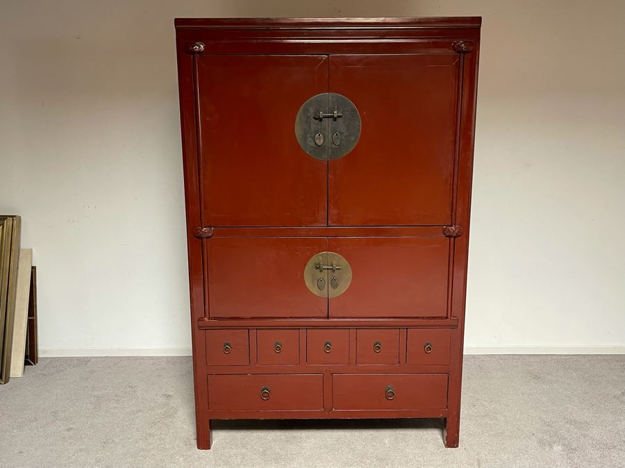Contemporary Chinese Red Wooden Cabinet With Pocket Doors 45W X 25D X 71H [Photo 3]