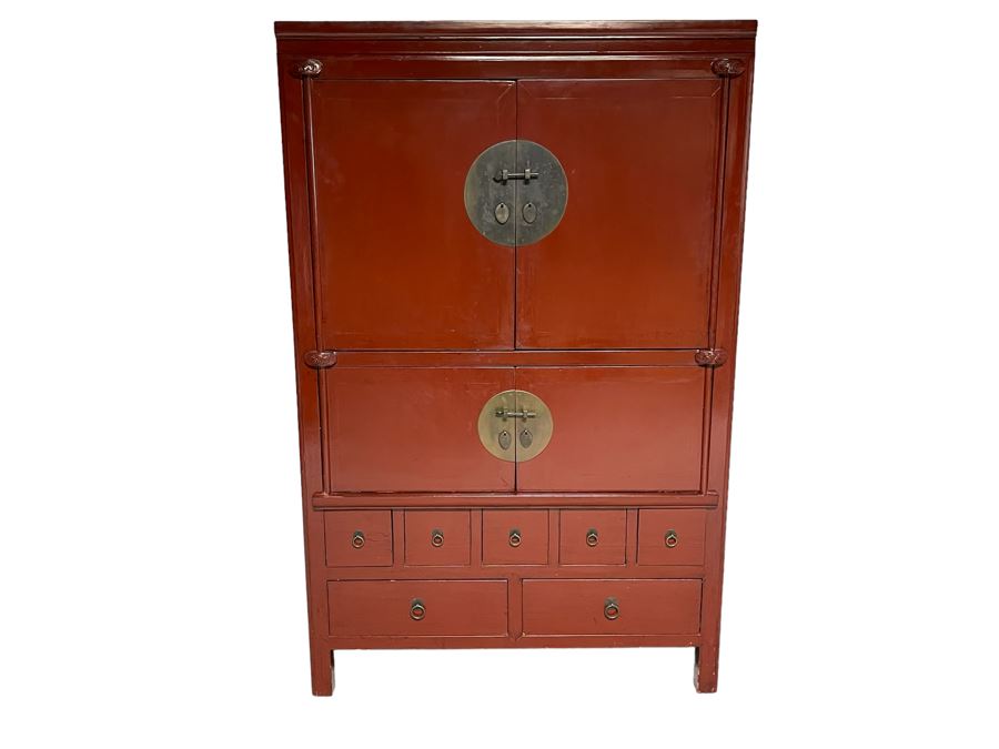 Contemporary Chinese Red Wooden Cabinet With Pocket Doors 45W X 25D X 71H