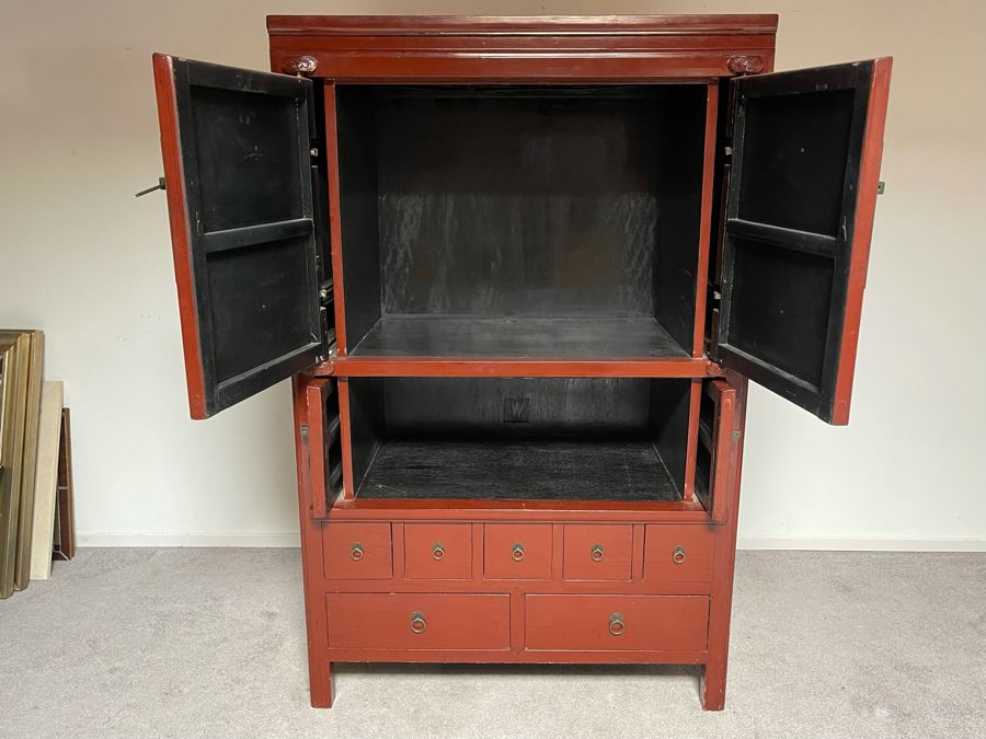 Contemporary Chinese Red Wooden Cabinet With Pocket Doors 45W X 25D X 71H [Photo 5]