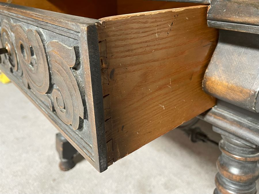 Vintage Carved Wooden Side Table With Drawer By Angelus Furniture Mfg Co Los Angeles 36W X 24D X 29.5H [Photo 7]