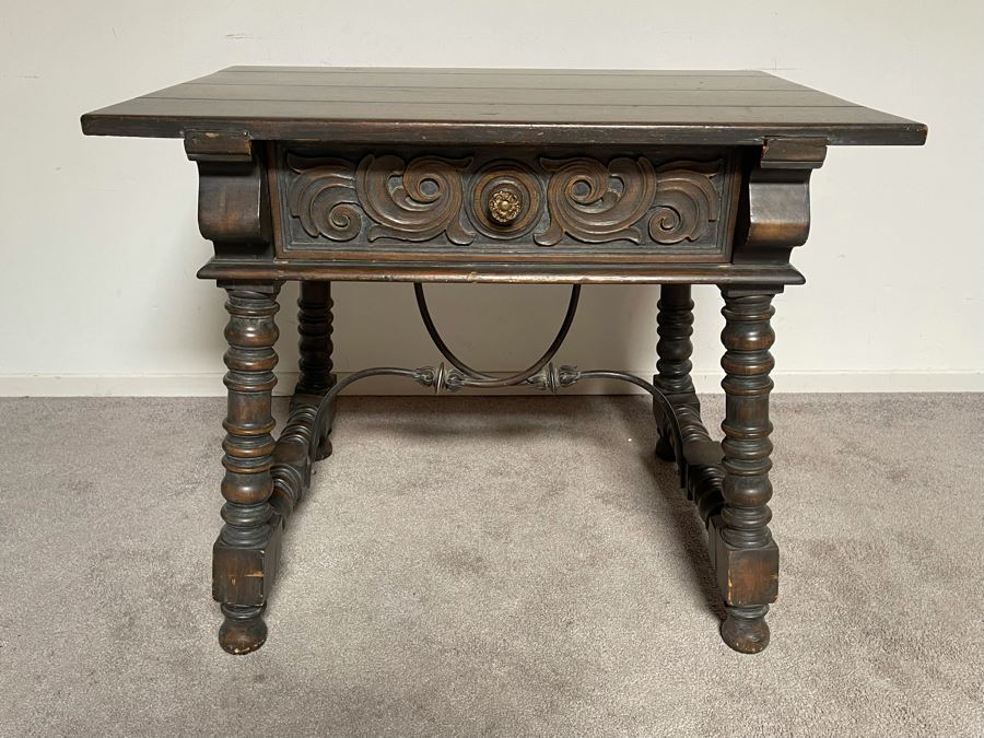 Vintage Carved Wooden Side Table With Drawer By Angelus Furniture Mfg Co Los Angeles 36W X 24D X 29.5H [Photo 4]