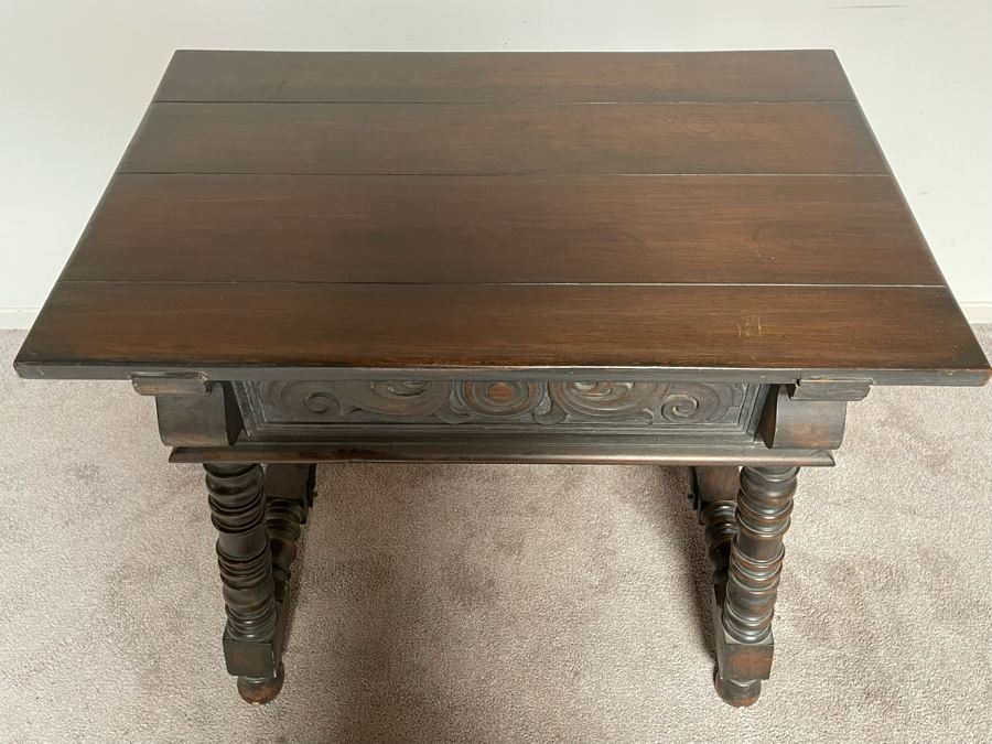 Vintage Carved Wooden Side Table With Drawer By Angelus Furniture Mfg Co Los Angeles 36W X 24D X 29.5H [Photo 15]