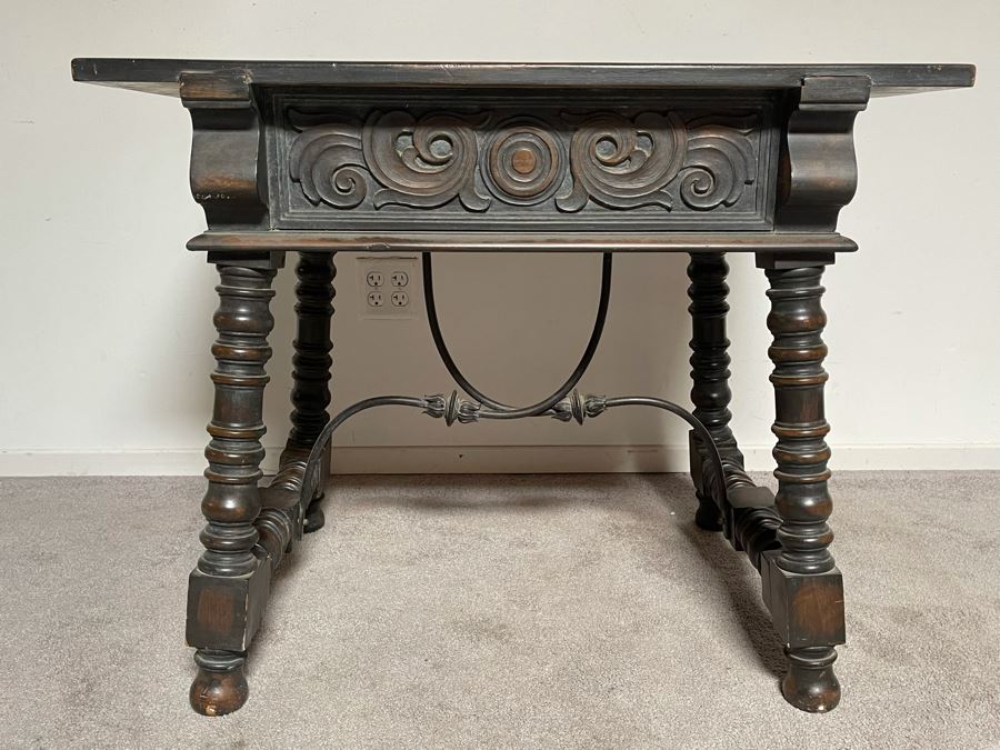 Vintage Carved Wooden Side Table With Drawer By Angelus Furniture Mfg Co Los Angeles 36W X 24D X 29.5H [Photo 14]