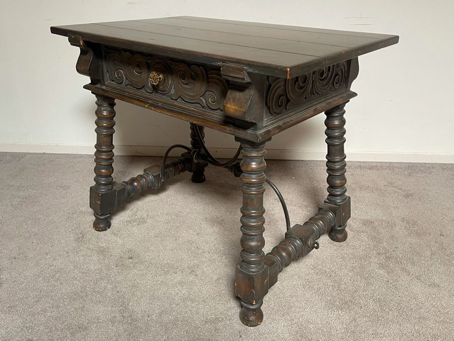 Vintage Carved Wooden Side Table With Drawer By Angelus Furniture Mfg Co Los Angeles 36W X 24D X 29.5H [Photo 9]