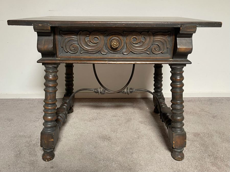 Vintage Carved Wooden Side Table With Drawer By Angelus Furniture Mfg Co Los Angeles 36W X 24D X 29.5H [Photo 5]