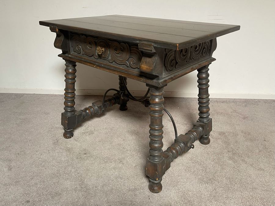 Vintage Carved Wooden Side Table With Drawer By Angelus Furniture Mfg Co Los Angeles 36W X 24D X 29.5H [Photo 8]