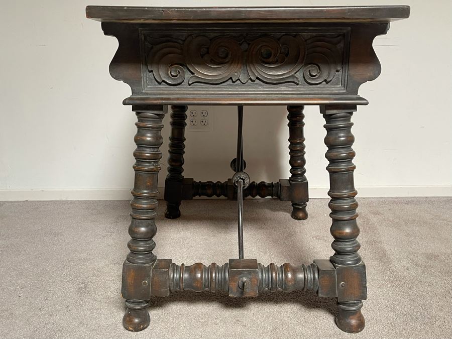 Vintage Carved Wooden Side Table With Drawer By Angelus Furniture Mfg Co Los Angeles 36W X 24D X 29.5H [Photo 13]