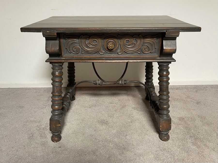 Vintage Carved Wooden Side Table With Drawer By Angelus Furniture Mfg Co Los Angeles 36W X 24D X 29.5H [Photo 2]