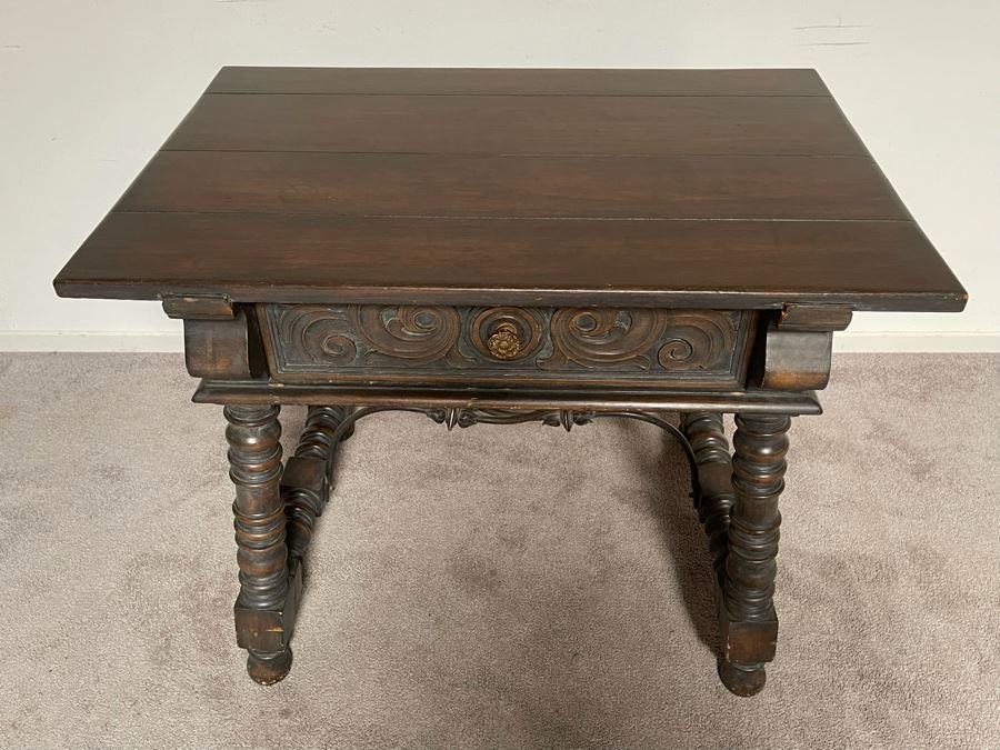 Vintage Carved Wooden Side Table With Drawer By Angelus Furniture Mfg Co Los Angeles 36W X 24D X 29.5H [Photo 6]
