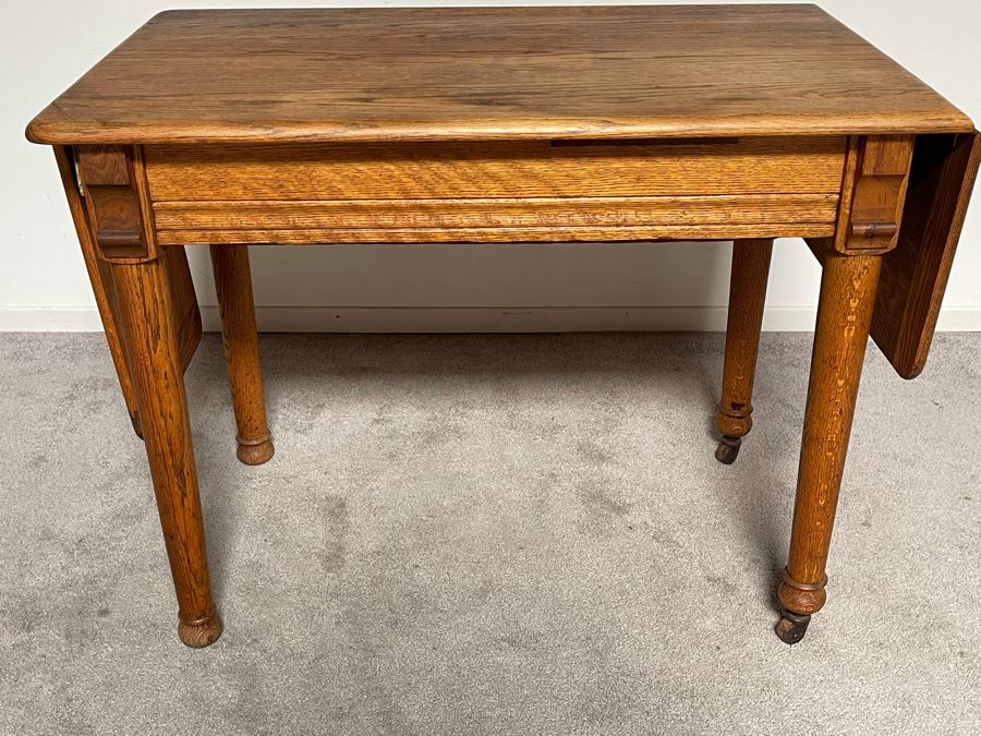 Antique Oak Doctors Medical Examiners Table Adjustable With Pair Of Metal Stirrups And Casters 41W X 24D X 29.5H [Photo 14]