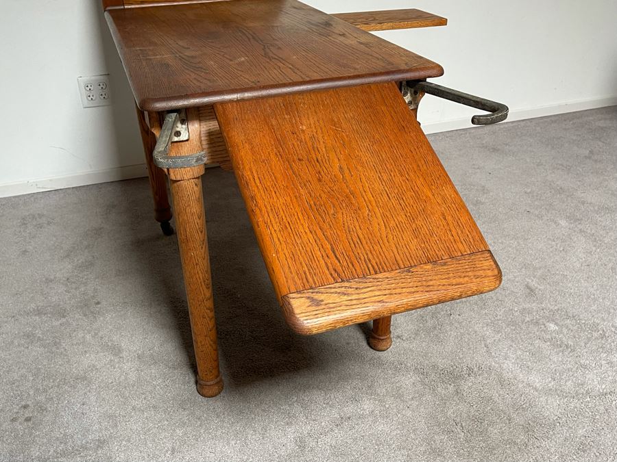 Antique Oak Doctors Medical Examiners Table Adjustable With Pair Of Metal Stirrups And Casters 41W X 24D X 29.5H [Photo 11]