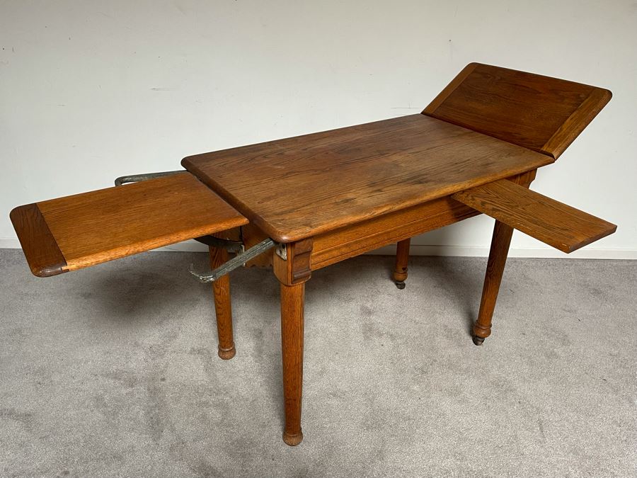 Antique Oak Doctors Medical Examiners Table Adjustable With Pair Of Metal Stirrups And Casters 41W X 24D X 29.5H [Photo 4]
