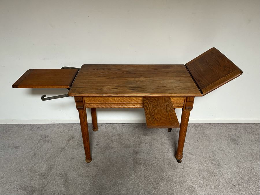 Antique Oak Doctors Medical Examiners Table Adjustable With Pair Of Metal Stirrups And Casters 41W X 24D X 29.5H [Photo 5]