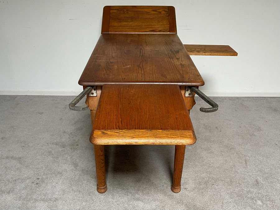 Antique Oak Doctors Medical Examiners Table Adjustable With Pair Of Metal Stirrups And Casters 41W X 24D X 29.5H [Photo 8]