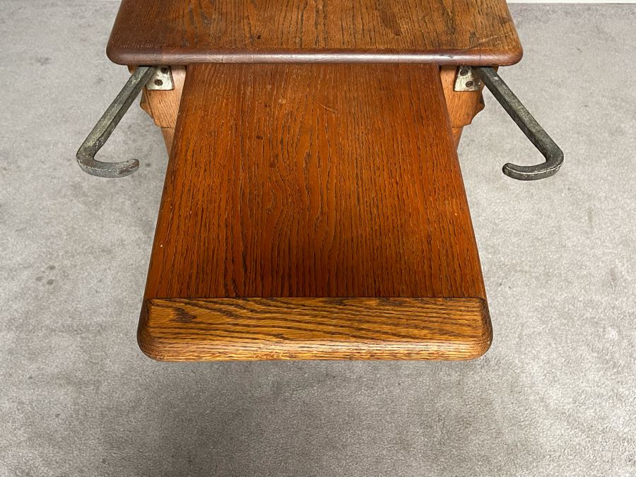 Antique Oak Doctors Medical Examiners Table Adjustable With Pair Of Metal Stirrups And Casters 41W X 24D X 29.5H [Photo 9]