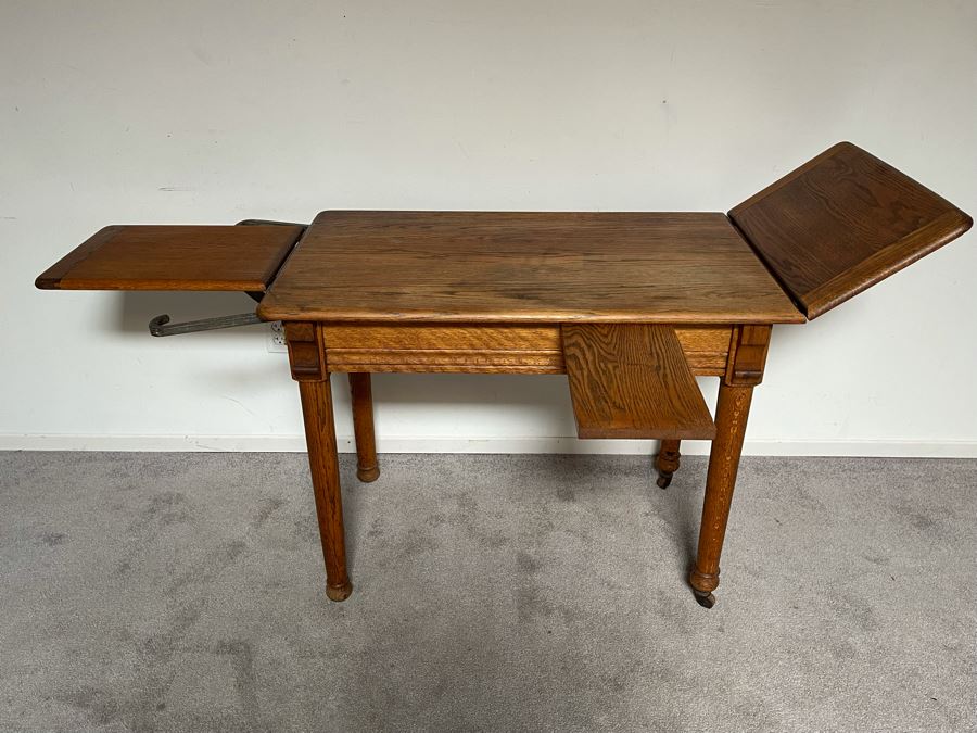 Antique Oak Doctors Medical Examiners Table Adjustable With Pair Of Metal Stirrups And Casters 41W X 24D X 29.5H [Photo 6]