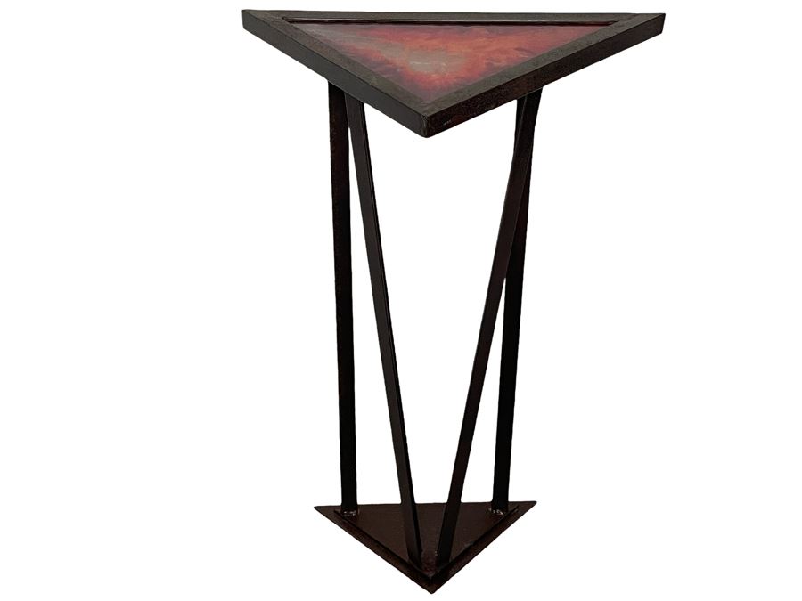 Impressive Metal Sculptural Stand With Art Glass Top Signed By Artist Karen Dugan 20W X 12D X 32H [Photo 2]