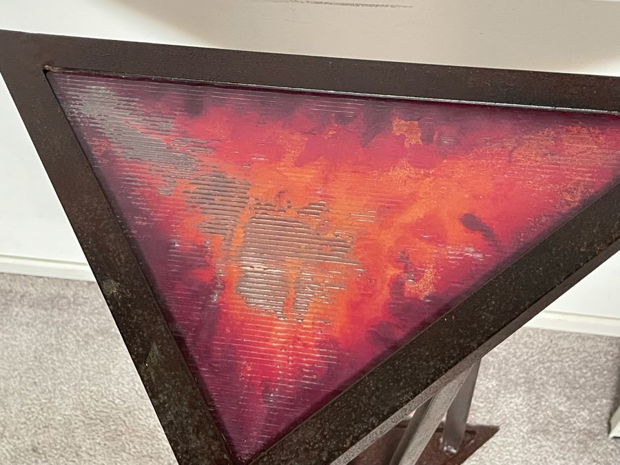 Impressive Metal Sculptural Stand With Art Glass Top Signed By Artist Karen Dugan 20W X 12D X 32H [Photo 7]