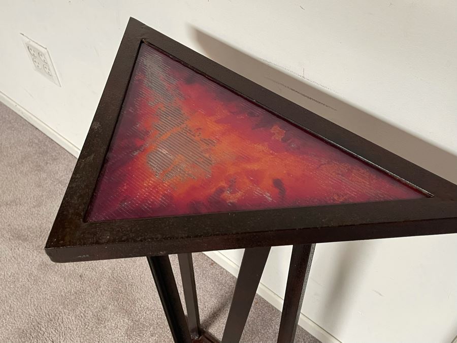 Impressive Metal Sculptural Stand With Art Glass Top Signed By Artist Karen Dugan 20W X 12D X 32H [Photo 9]