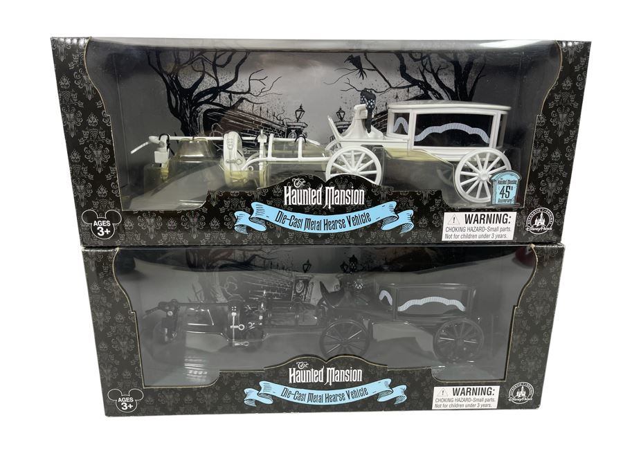 Pair Of Disneyland The Haunted Mansion Die-Cast Metal Hearse Vehicles New In Box White & Black Models