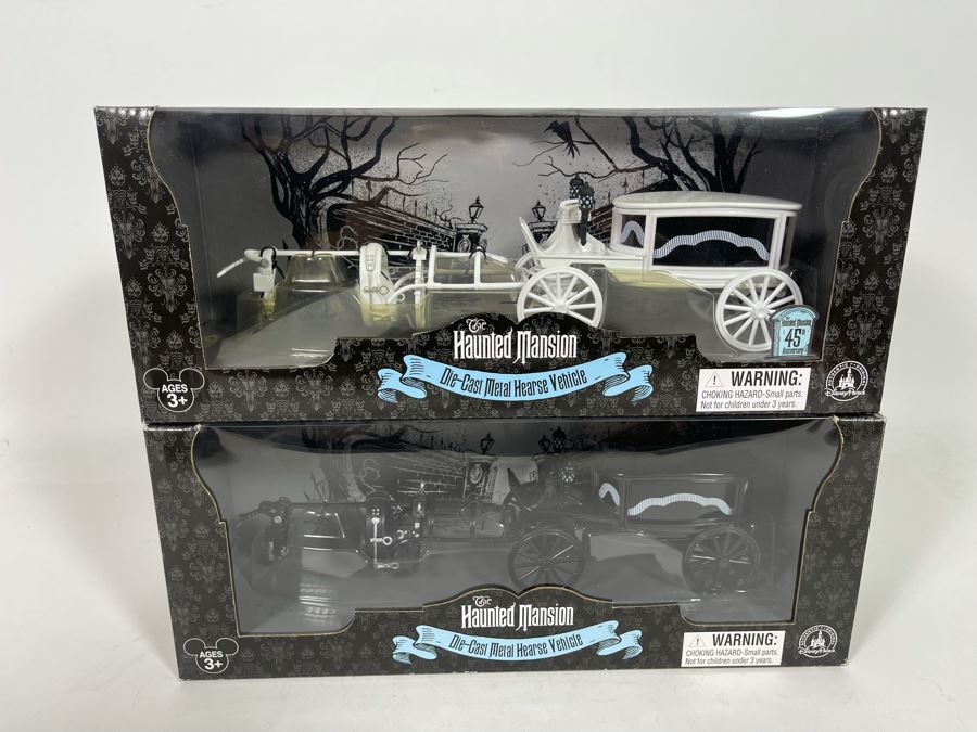 Pair Of Disneyland The Haunted Mansion Die-Cast Metal Hearse Vehicles New In Box White & Black Models [Photo 3]
