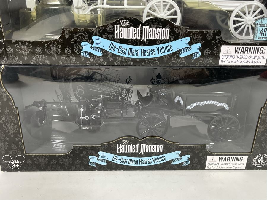 Pair Of Disneyland The Haunted Mansion Die-Cast Metal Hearse Vehicles New In Box White & Black Models [Photo 5]