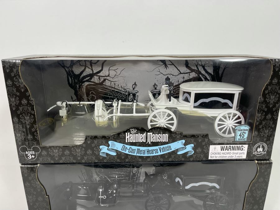 Pair Of Disneyland The Haunted Mansion Die-Cast Metal Hearse Vehicles New In Box White & Black Models [Photo 4]