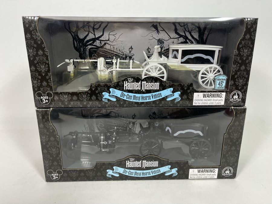 Pair Of Disneyland The Haunted Mansion Die-Cast Metal Hearse Vehicles New  In Box White & Black Models