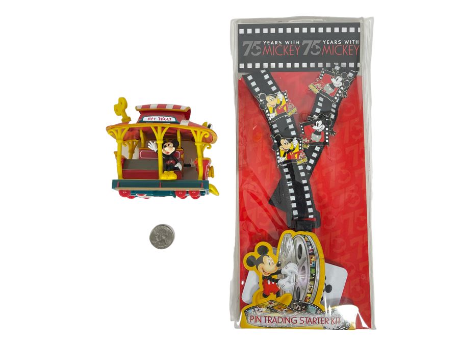 New Disneyland Mickey Mouse Pin Trading Starter Kit And Mickey Mouse Jolly Trolley Wind-up Toy