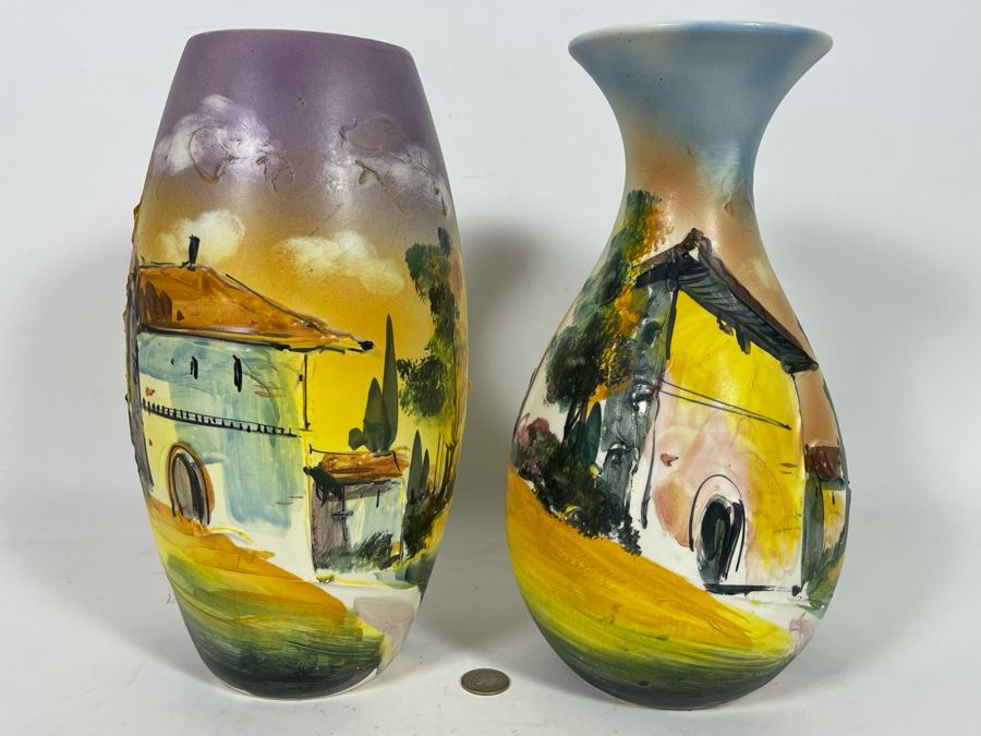 Pair Of Hand-Painted Relief Italian Vases 12H [Photo 3]