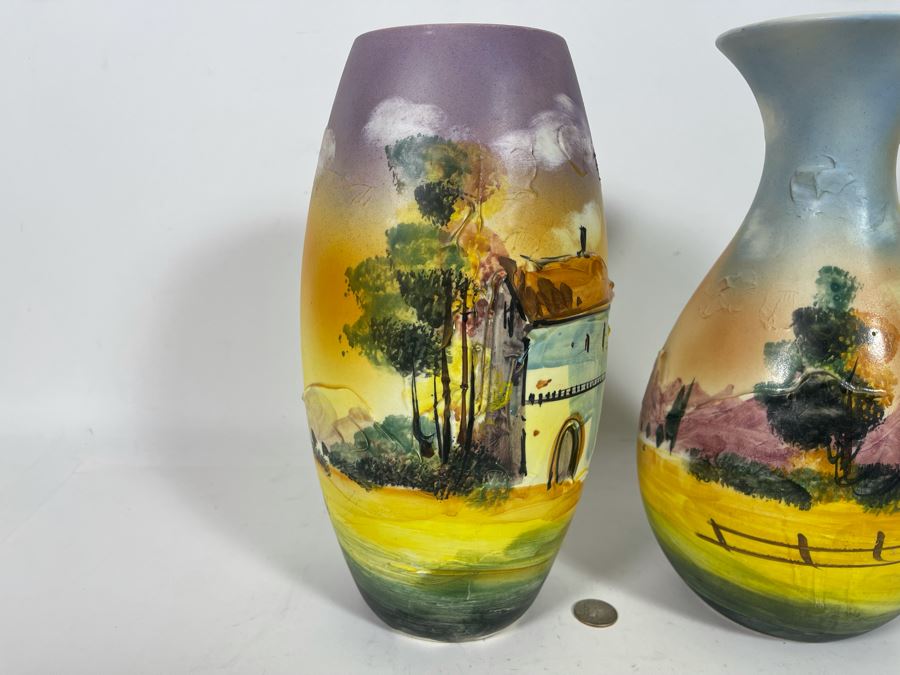 Pair Of Hand-Painted Relief Italian Vases 12H [Photo 11]