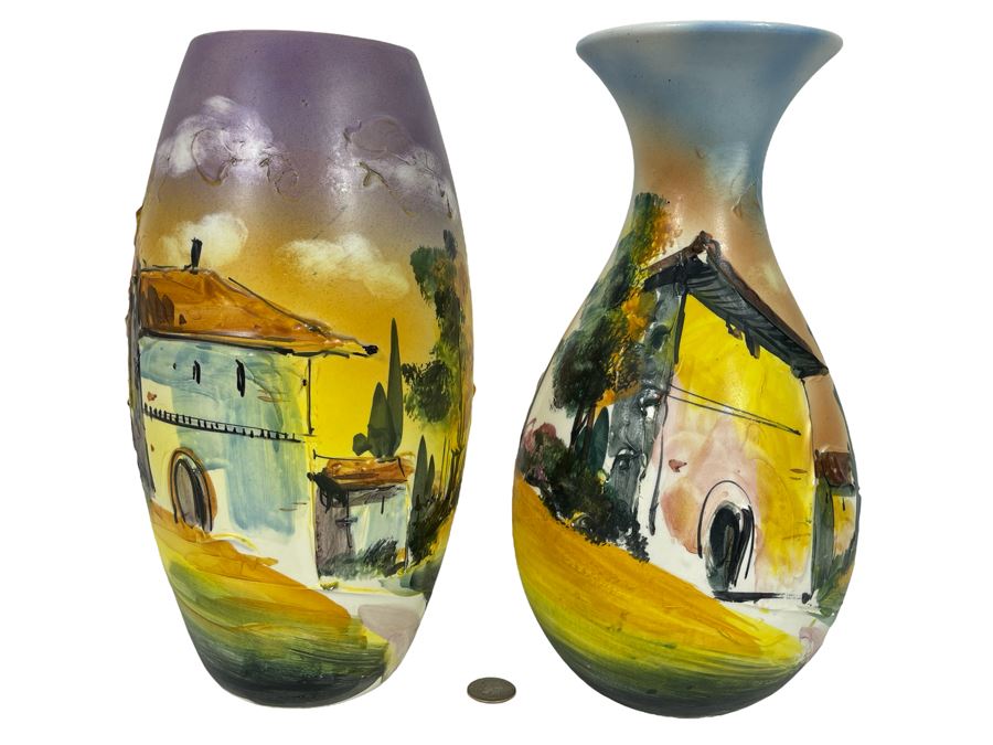 Pair Of Hand-Painted Relief Italian Vases 12H