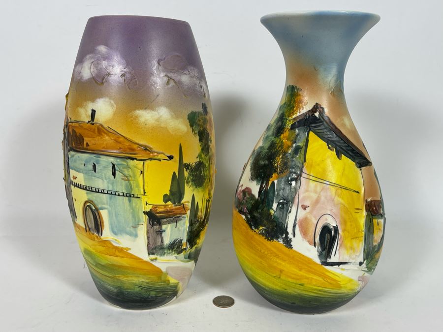 Pair Of Hand-Painted Relief Italian Vases 12H [Photo 2]