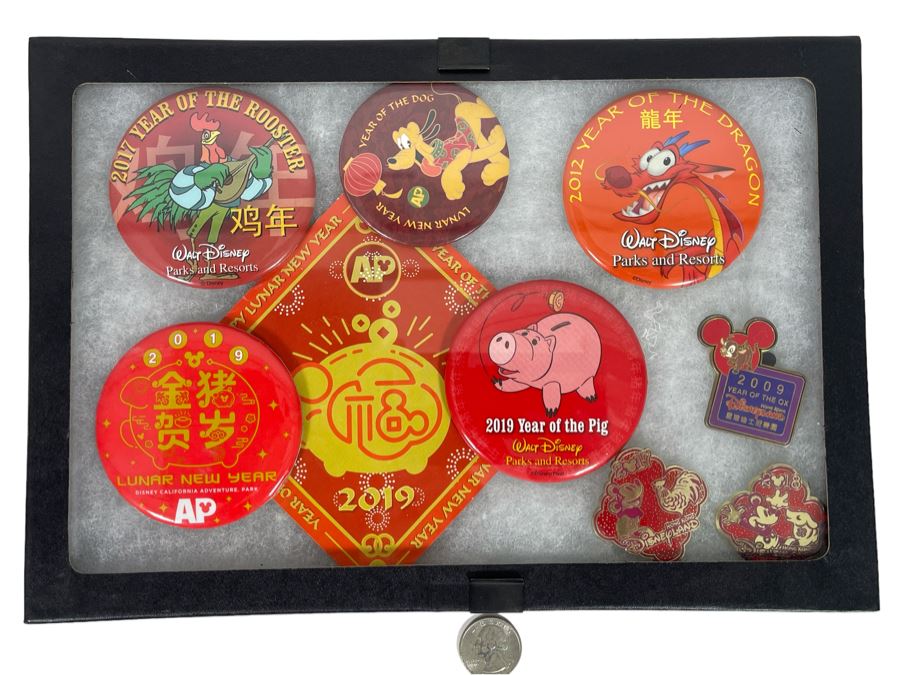Disneyland Chinese New Year Buttons And Pins With Display Box 12 X 8