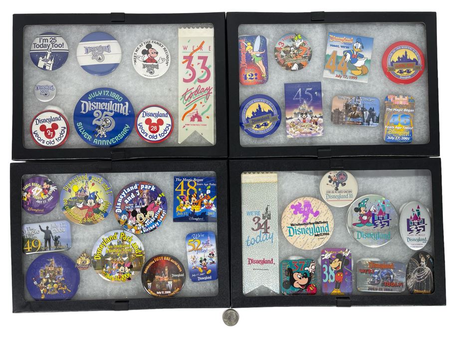 Disneyland Anniversary Buttons And Pin With (4) Display Boxes