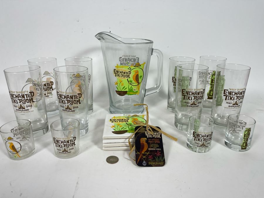 Disneyland Enchanted Tiki Room Lot Featuring (8) Glasses, (4) Shot Glasses, Pitcher And Limited Edition Of 600 Coasters Retails $123 [Photo 3]