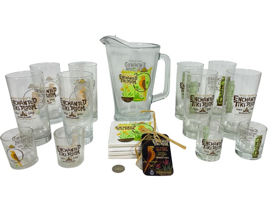 Disneyland Enchanted Tiki Room Lot Featuring (8) Glasses, (4) Shot Glasses, Pitcher And Limited Edition Of 600 Coasters Retails $123